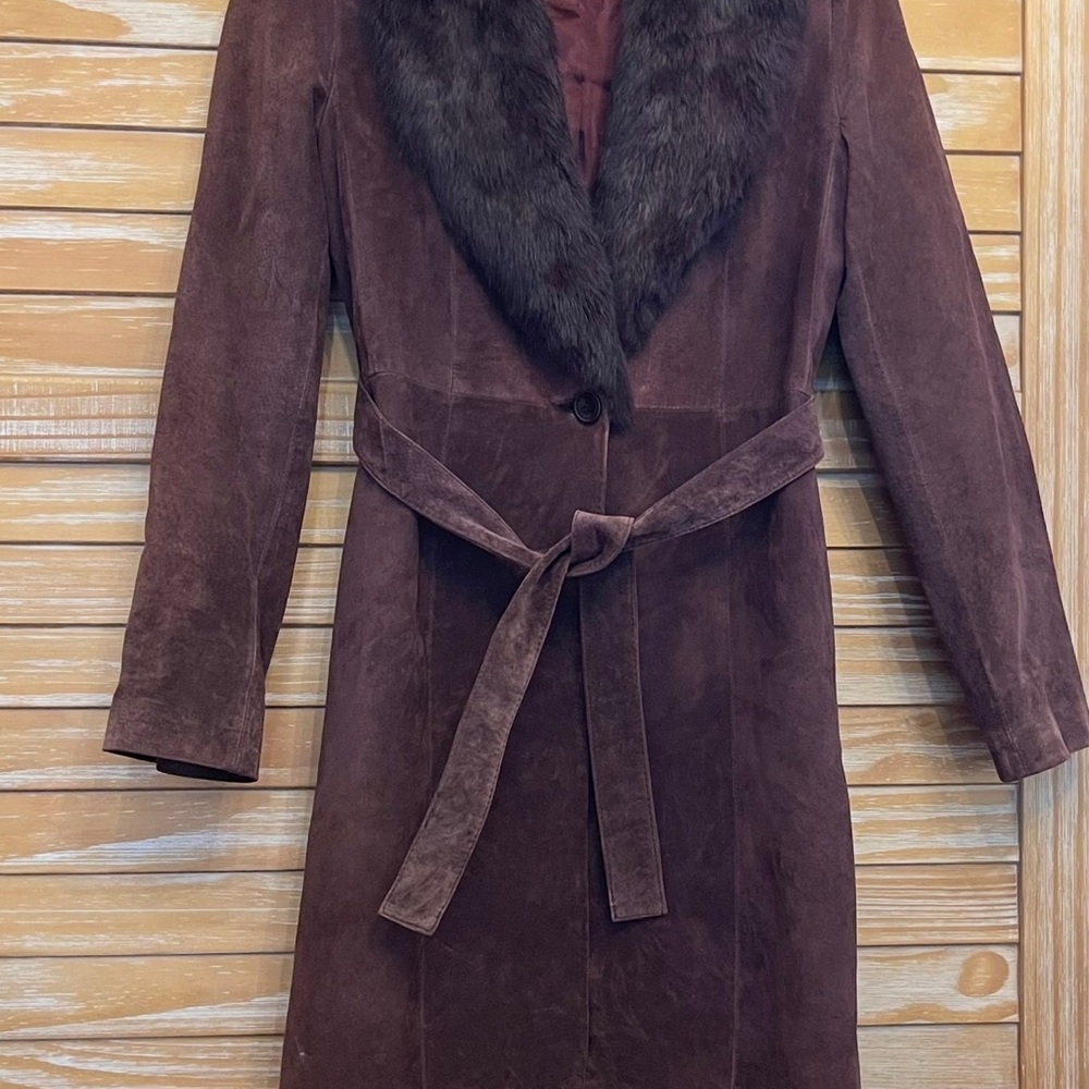 Mango Brown Suede Coat with Dark Fur Collar